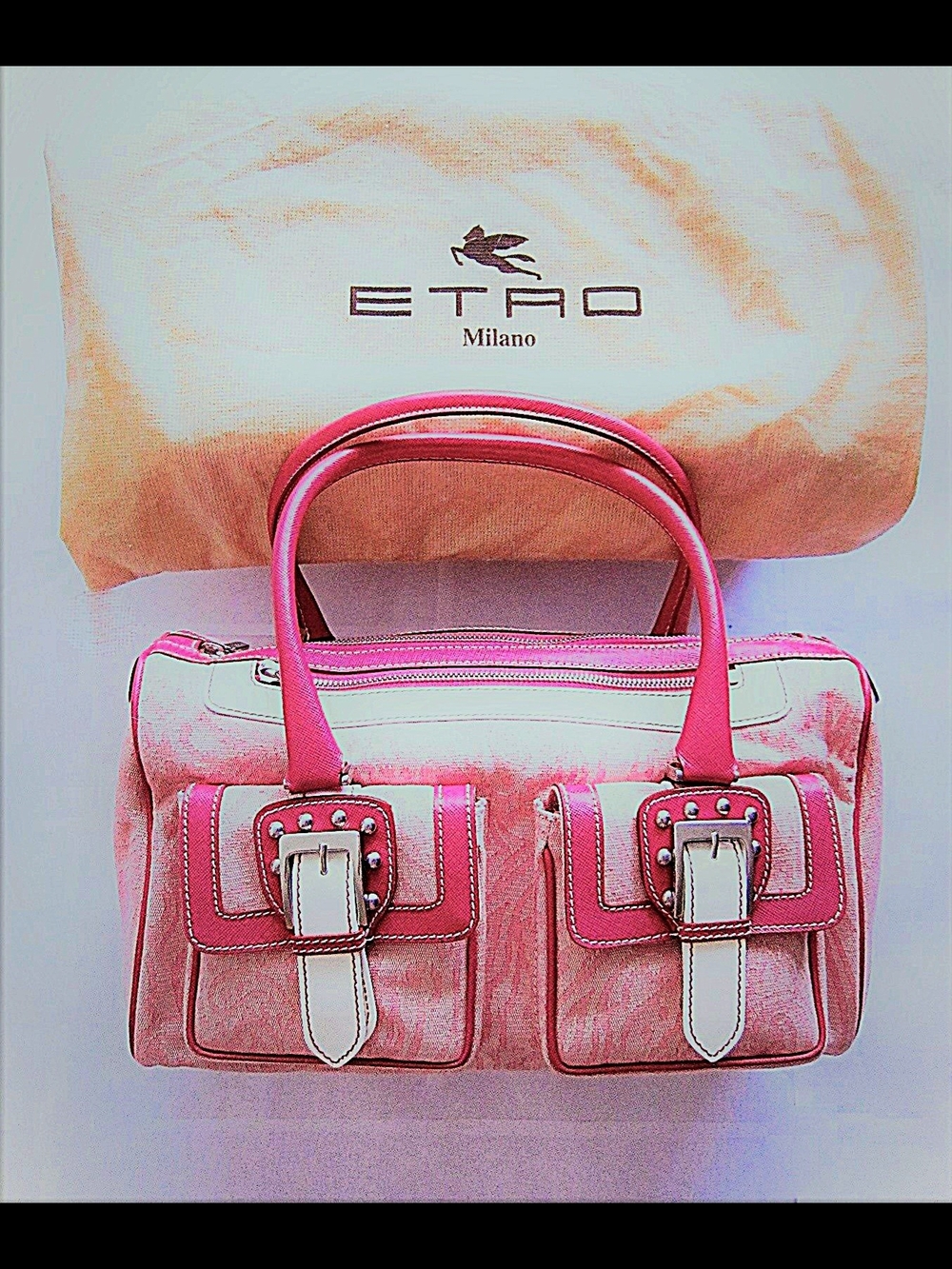 Etro* Pink Leather Canvas  Handbag with White Buckle Accents